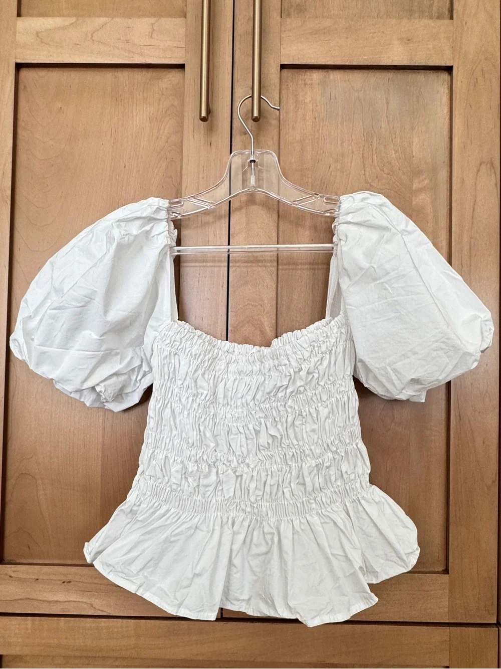 Astr White Smocked Puff Sleeve Peplum Top